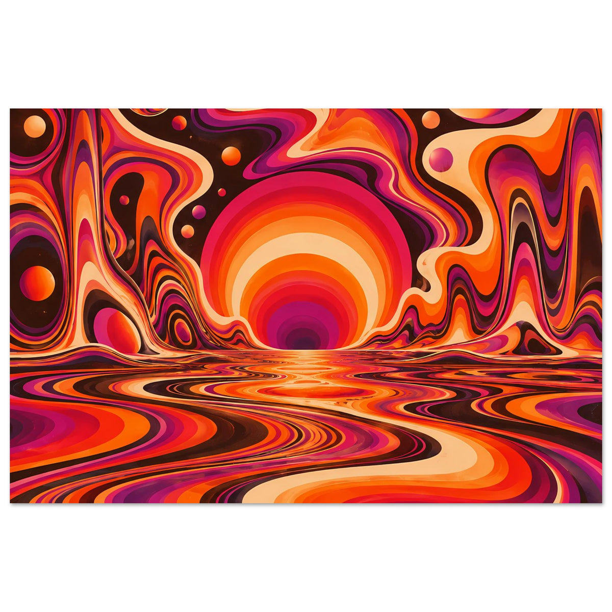 Horizontales Poster mit orangefarbenen und violetten Strömungen, schimmernder Sonnenmitte