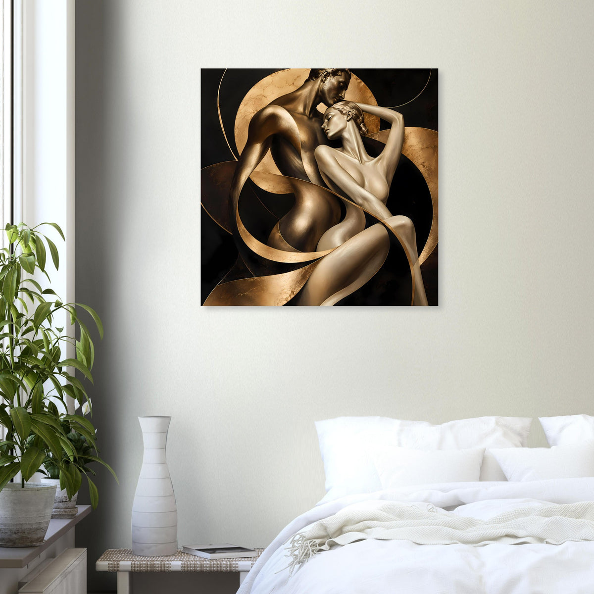 Kunstposter mit gold- und bronzefarbener Aktfigur und dunklem Hintergrund