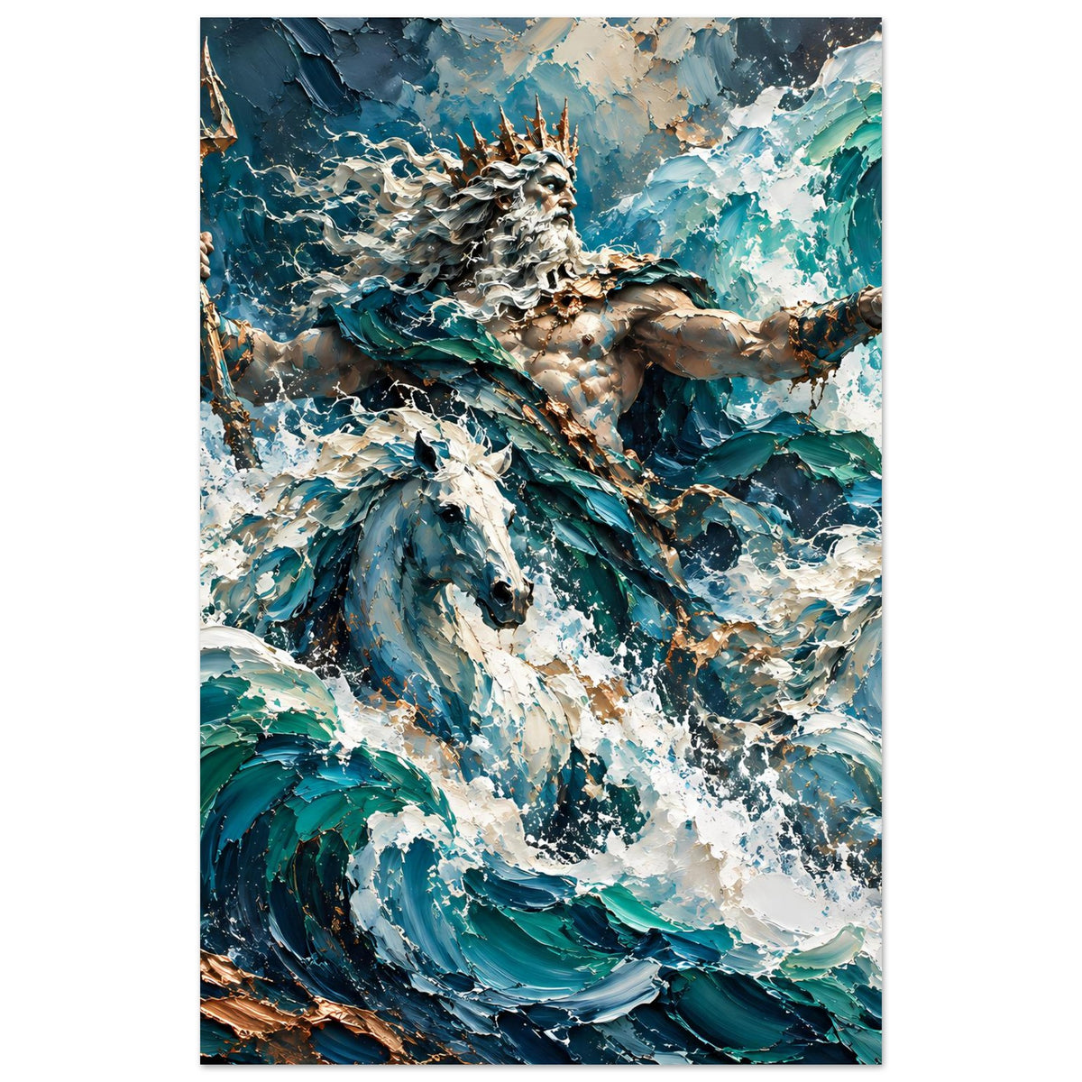 Vertikales Poster mit Neptun in türkisblauen Meerwellen, erhobener Dreizack und Krone