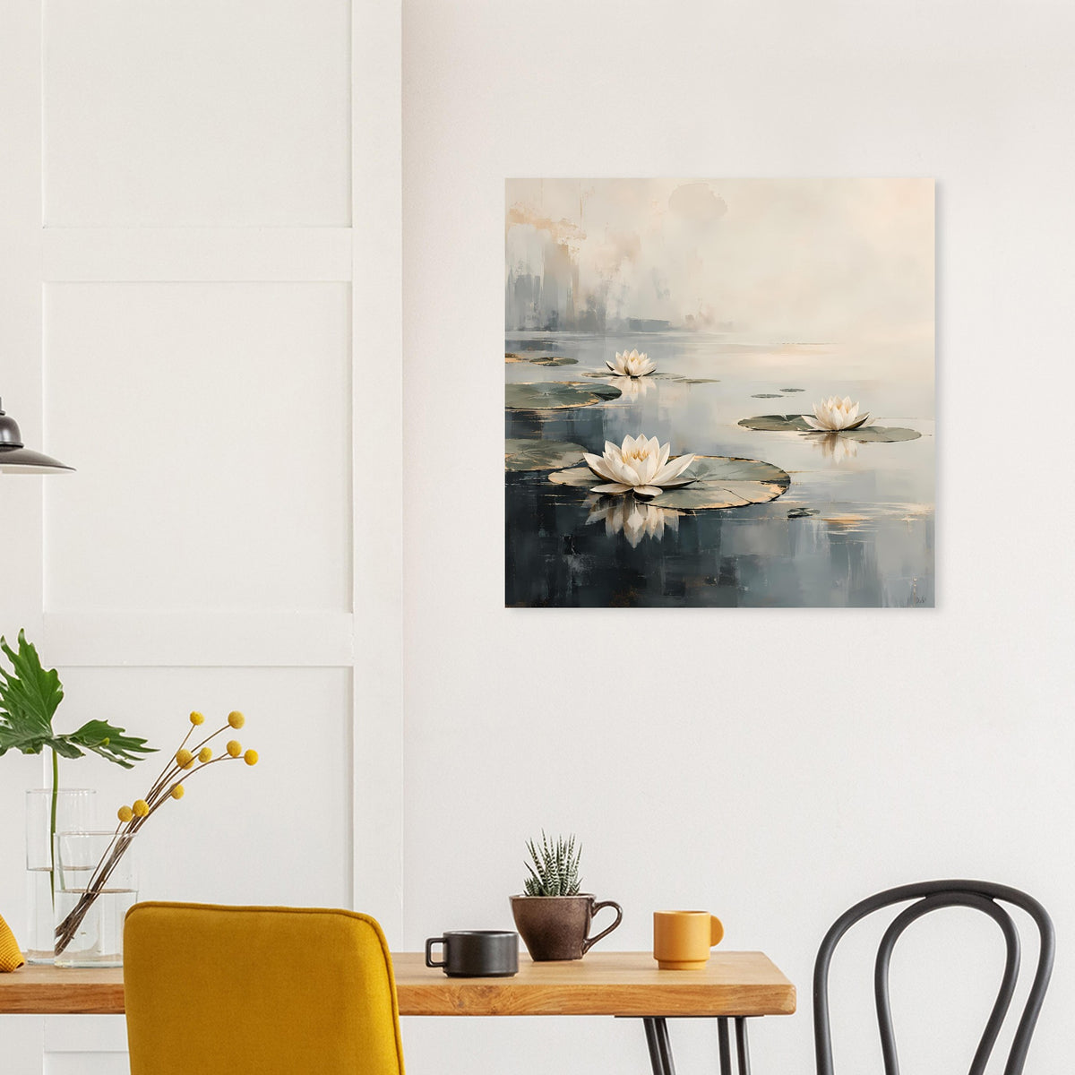 Poster mit Wasserlilien im See, cremefarbener Himmel und gedämpfte Reflexion