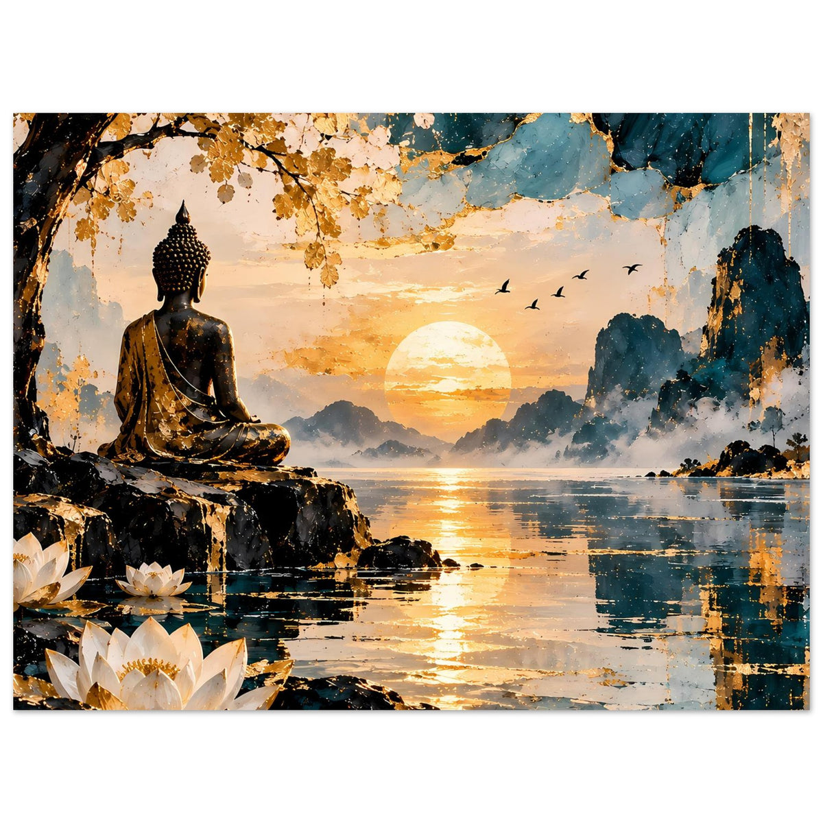 Zen-Poster im Querformat: sitzender Buddha, Lotusblüten vorn, Sonnenuntergang über Wasser