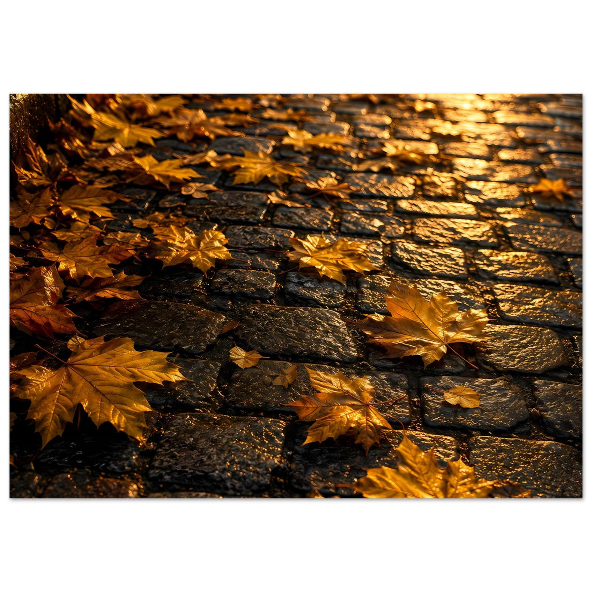 Herbstposter im Querformat: goldene Blätter auf dunkler Steinmauer, warmes Licht