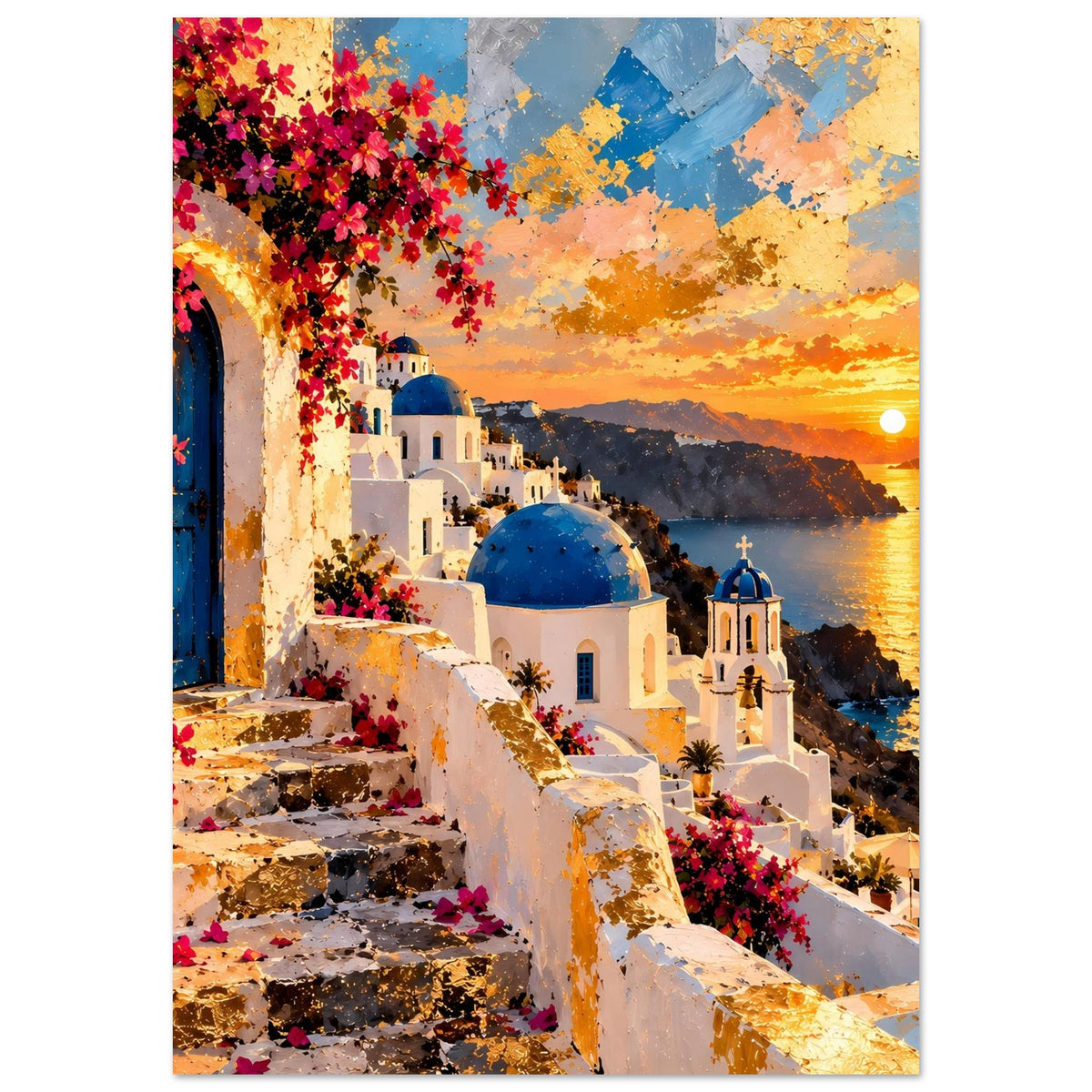 Hochformat-Poster mit Santorini: weiße Architektur, rote Blumen, blaue Kuppel und Abendsonne