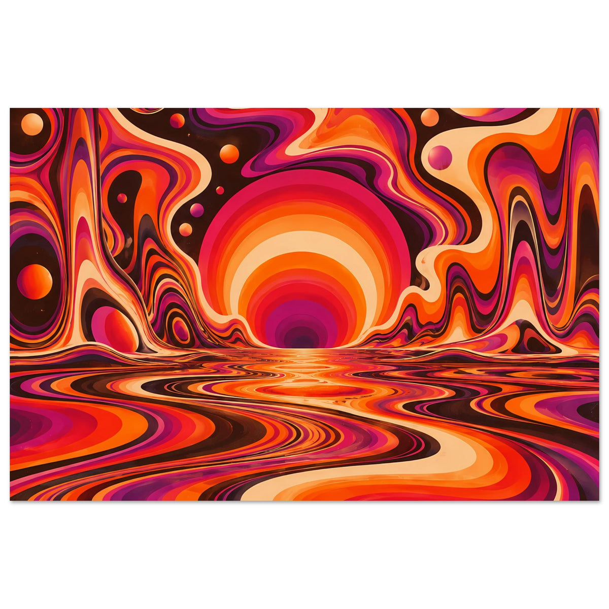 Horizontales Poster mit psychedelischen orange-violetten Schleifen, Sonnenkreis und Farbwirbeln