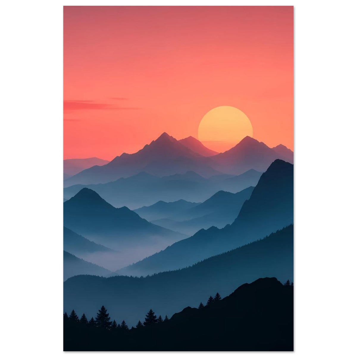 Hochformat-Landschaftsposter mit rotem Himmel, gelber Sonne und blauen Bergsilhouetten