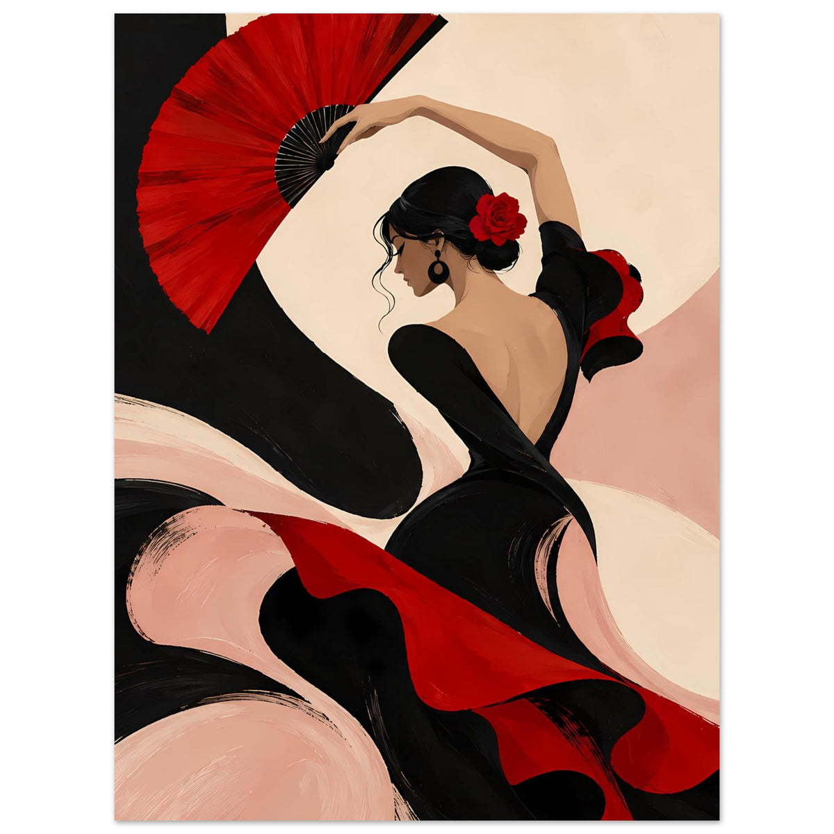 Poster mit Flamenco-Tänzerin: roter Fächer, schwarzes Outfit, rote Akzentstreifen am Rocksaum