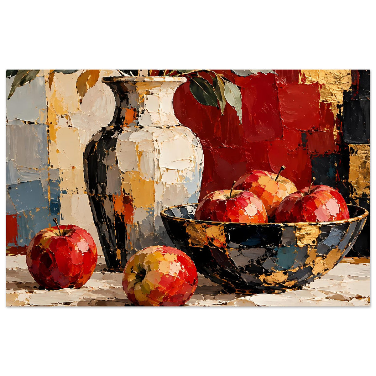 Kunstposter Stillleben mit Vase, Schale und roten Früchten in Rot-Gold-Tönen