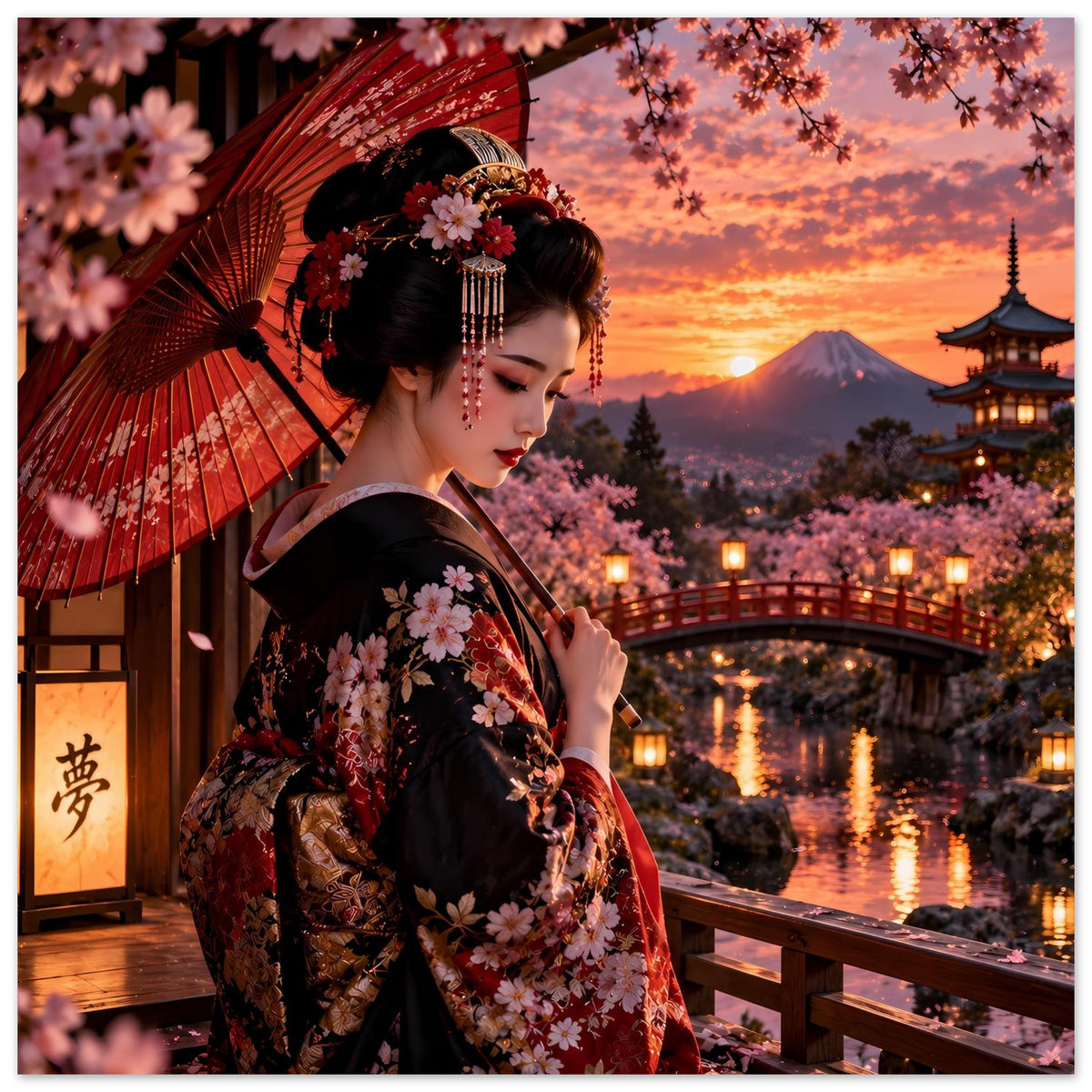 Japanisches Kimono-Poster im Hochformat: Frau im Blumen-Kimono, roter Fächer links