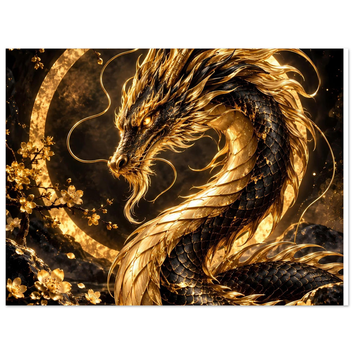 Drachen-Poster mit Nahansicht: goldener Kopf, glänzende Schuppen und Wirbellinie