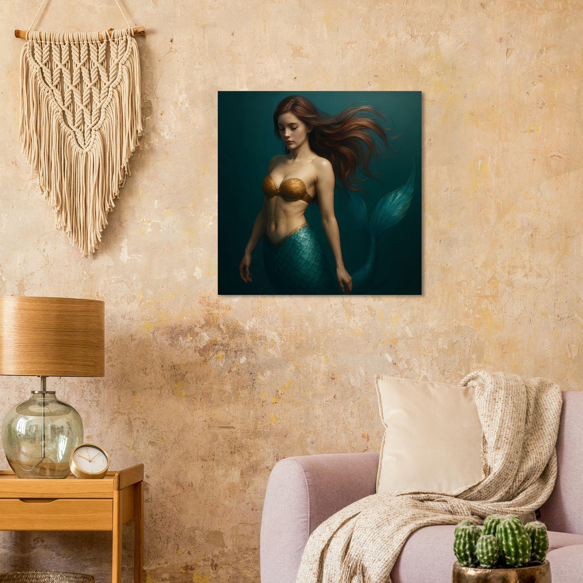 Quadratischer Wanddruck einer Meerjungfrau in Teal-Schuppen mit goldenem Bikini