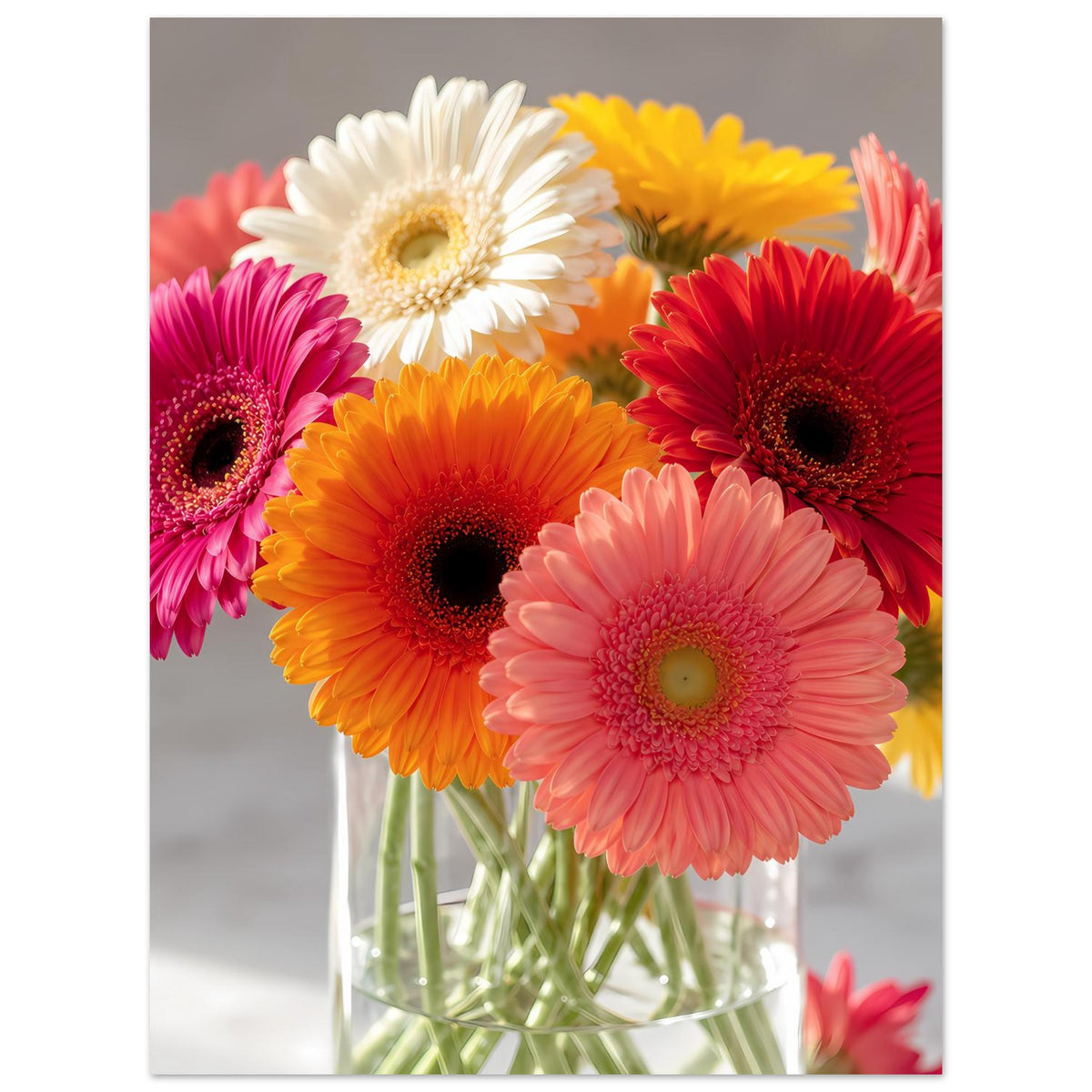 Gerbera-Blumenposter mit buntem Strauß aus rosa, orange, gelben und roten Gerbera