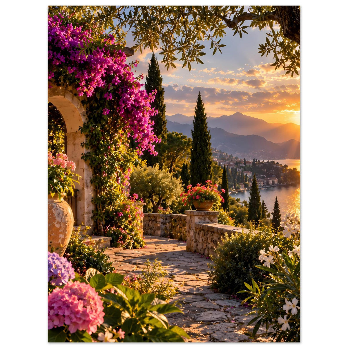 Poster mit Blüten am Bögenportal, Steinterrasse und Sonnenuntergang über See