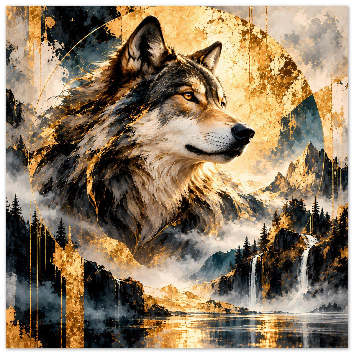 Wolf-Artposter mit goldenem Sprenkel, Wasserfall und Nebel-Landschaft