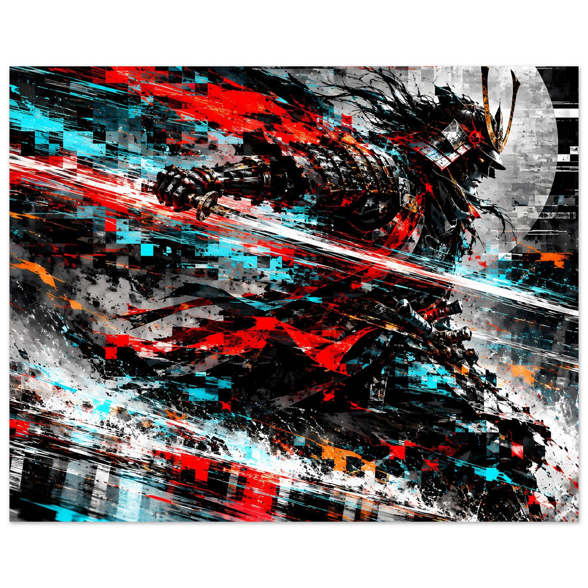 Actionposter im Querformat: samurai-artiger Kopf, rote Akzente, cyanblaue Energie und Spritzer
