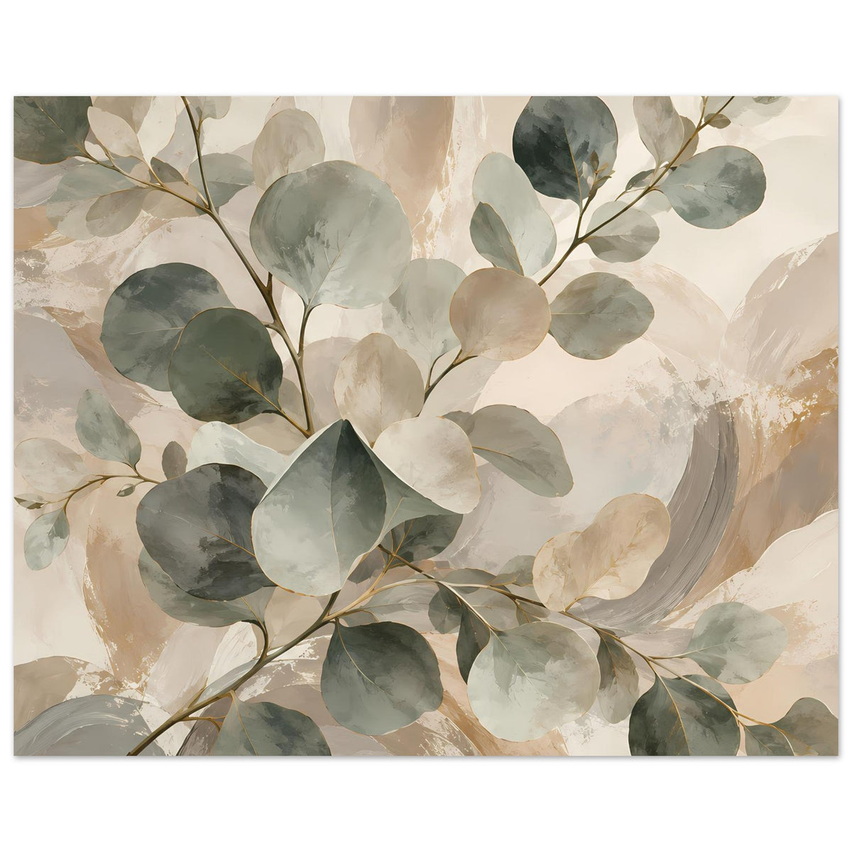 Botanisches Poster mit Aquarellzweigen und Blättern in Salbeigrün und Beige, horizontal