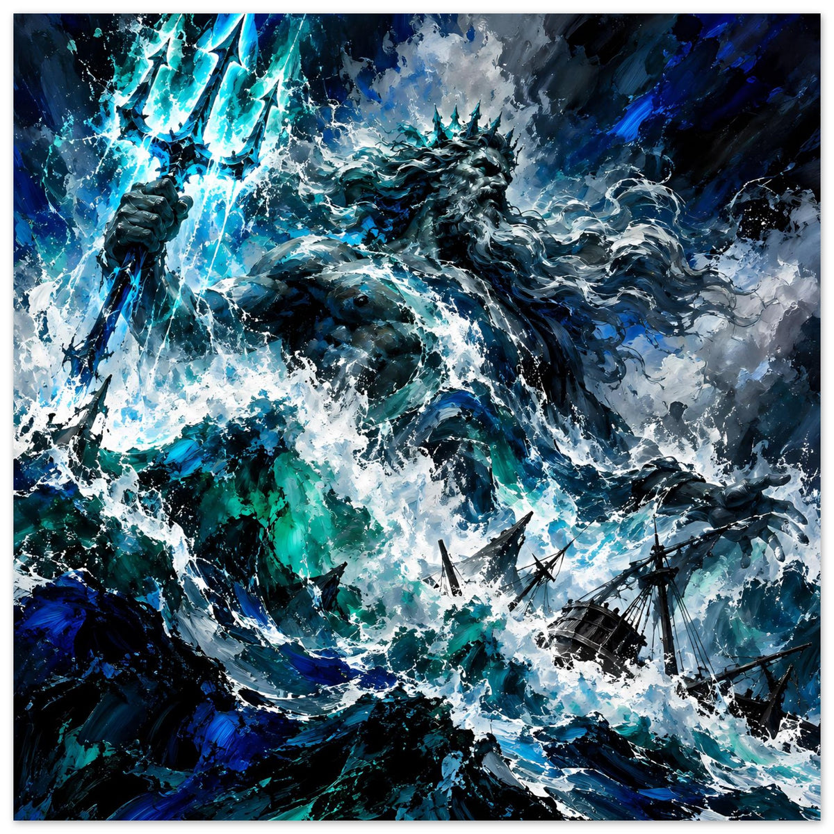 Sturm-Poster im Querformat, Poseidon auf aufgewühlter See, Schiffe und Speere im Bild