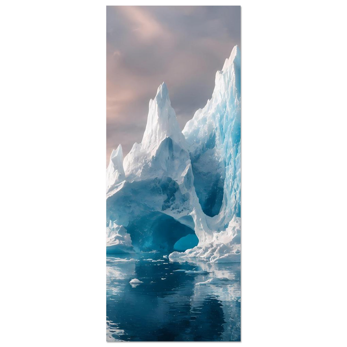 Vertikales Poster mit blau-weißem Eisberg: Eisklippen und spiegelndes Wasser im Vordergrund
