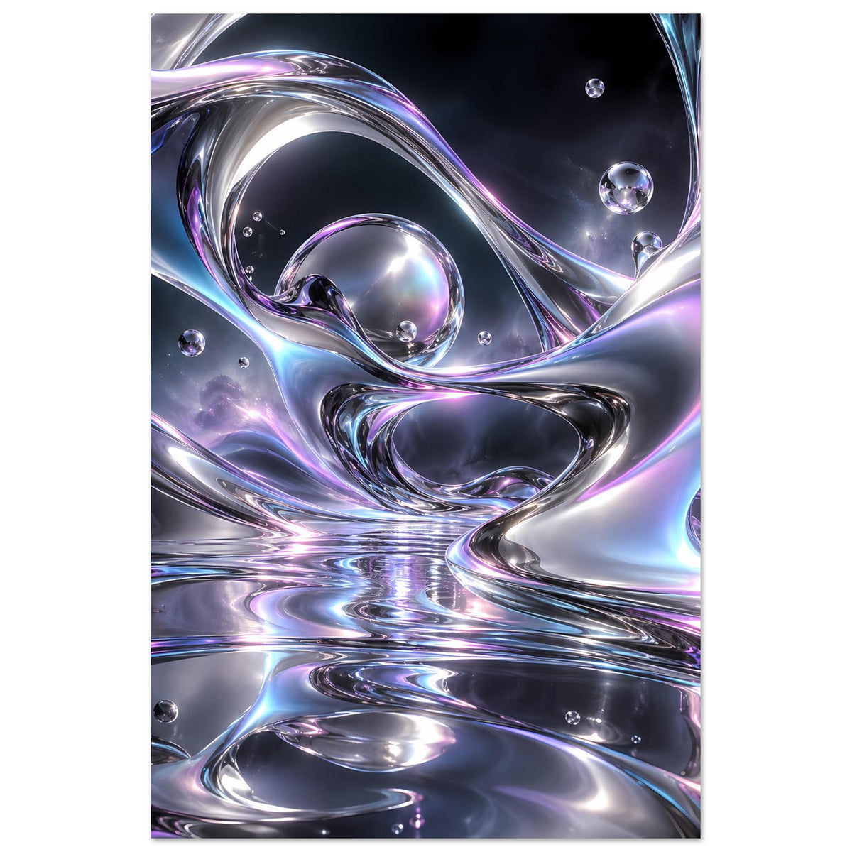 Chrom-Liquid-Poster (Hochformat) mit Spiegelwellen, kleinen Tropfen und Glanzreflexen