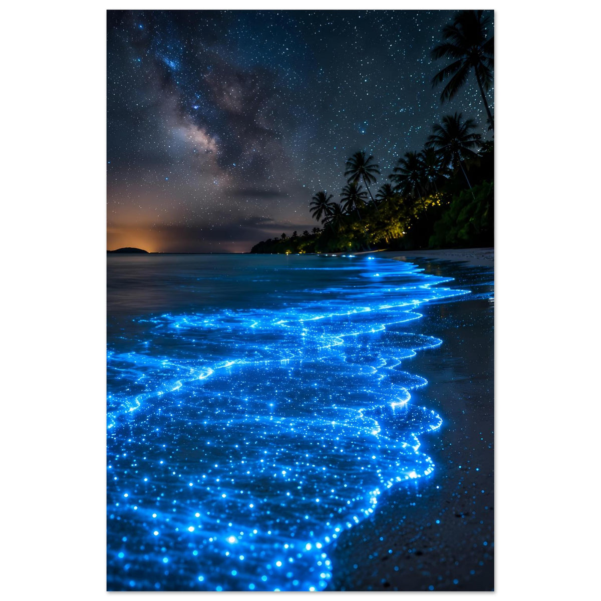Meeresposter (vertikal): schimmernde blaue Biolumineszenz am Strand bei Nacht