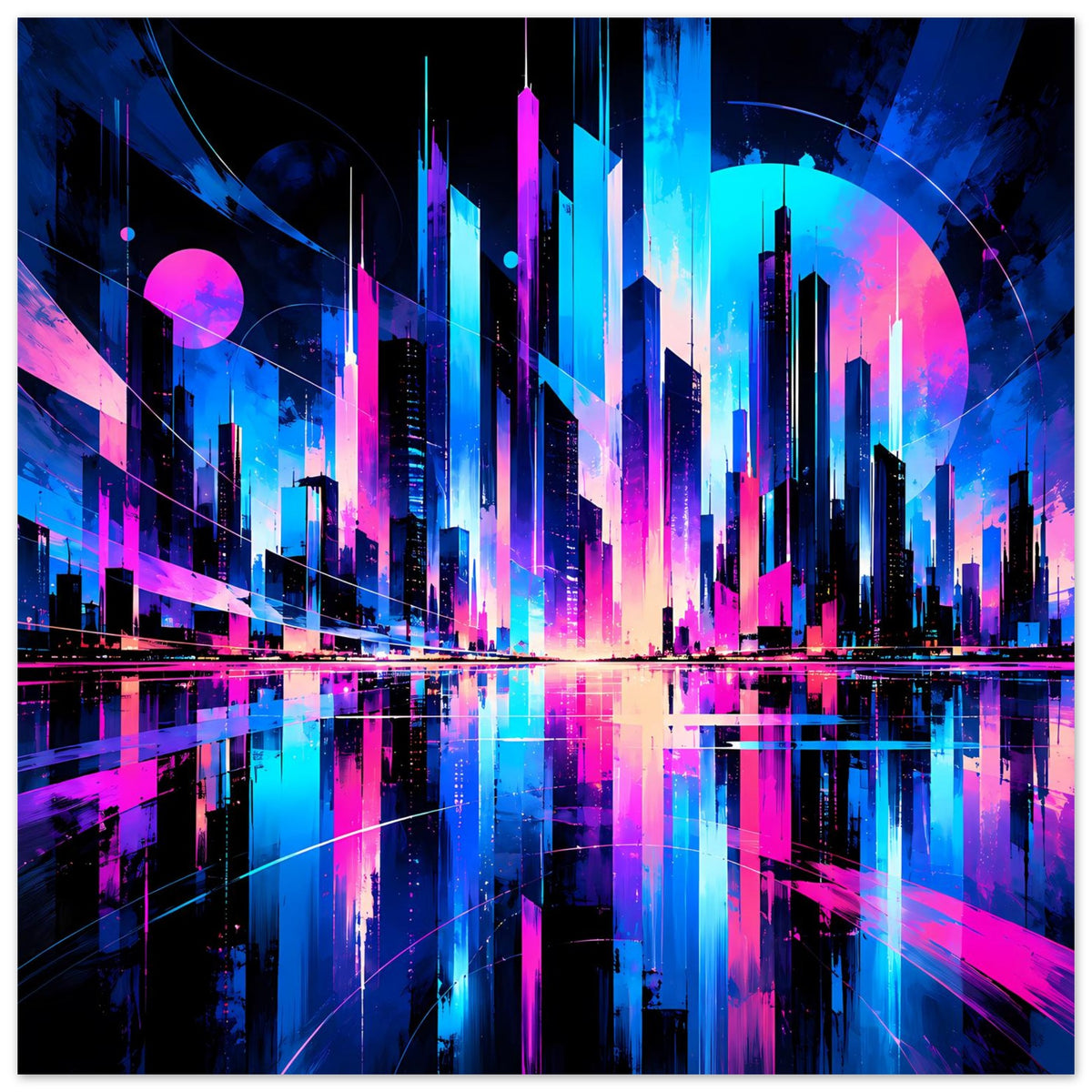 Neon-Stadtposter mit leuchtenden Türmen in Blau- und Pinktönen, spiegelndes Wasser, horizontal.
