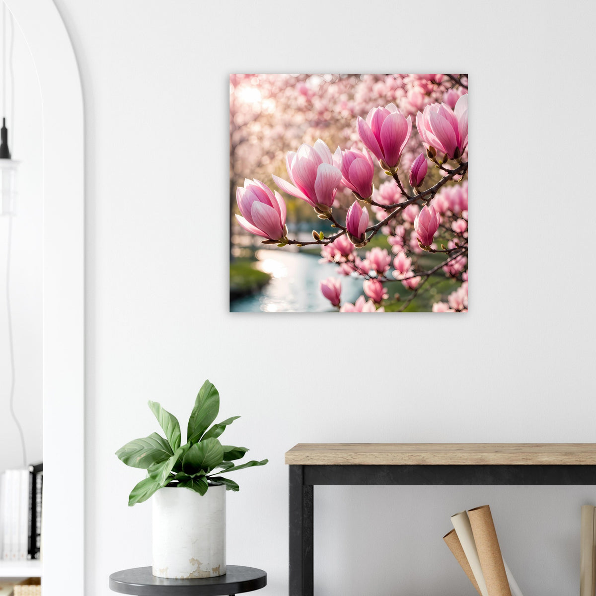 Blumenposter mit rosa und weißen Magnolienblüten in Nahansicht