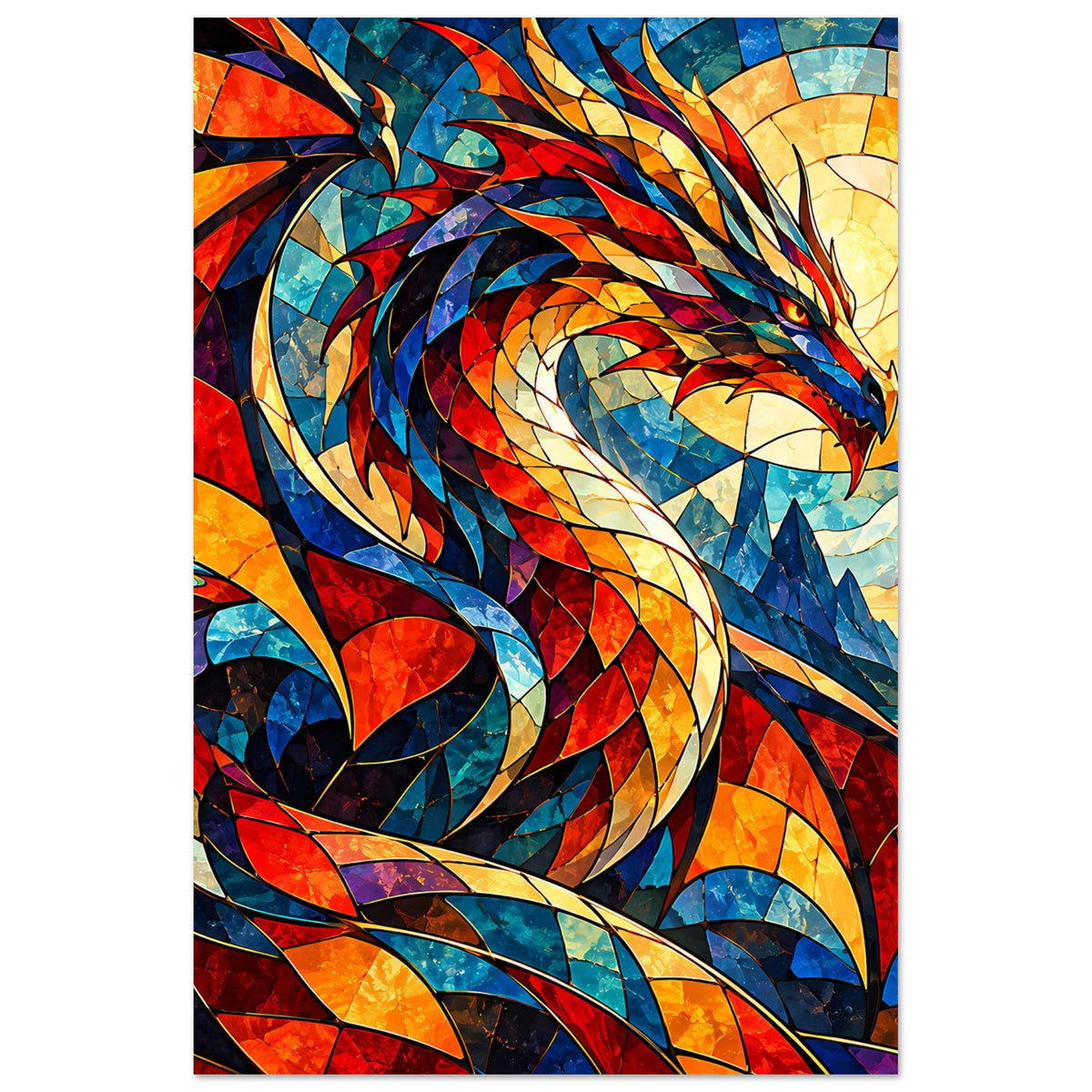 Drachen-Glasmalerei-Poster, hochkant: Drache im Detail mit rötlich-blauen Flügelkanten