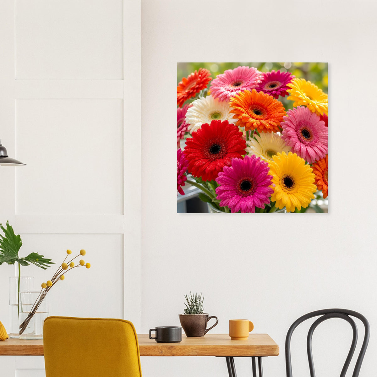 Quadratisches Blumenposter mit Gerbera-Strauß: rosa, gelb, rot und orange Blüten.