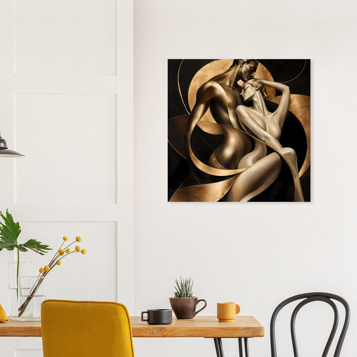 Kunstposter mit gold- und bronzefarbener Aktfigur, weich geschwungenem Licht und Schatten