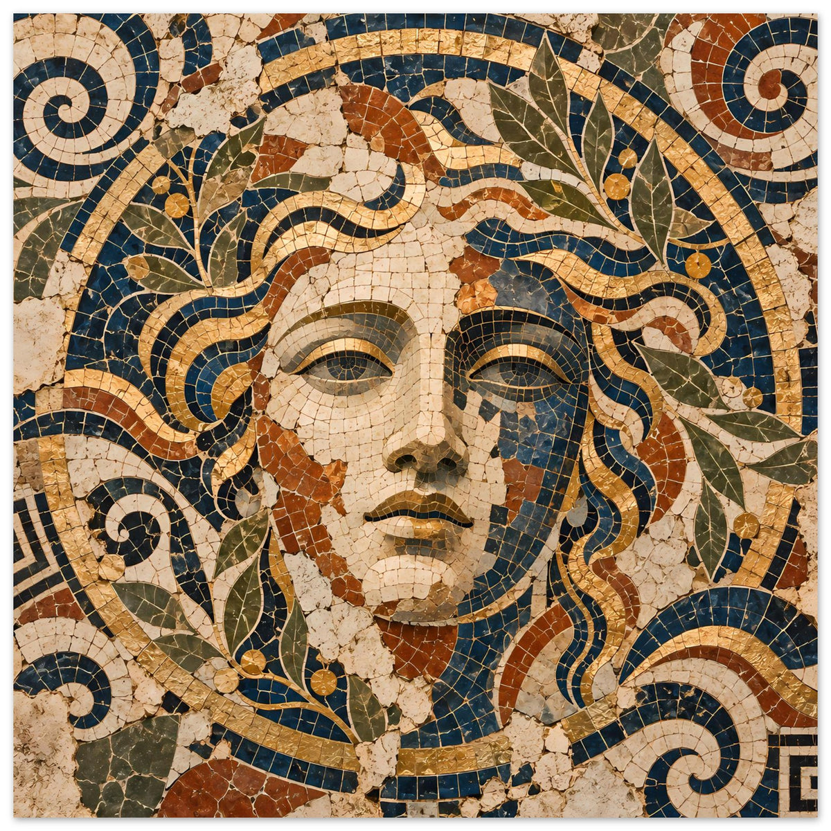 Poster im Querformat mit Mosaik-Göttin, Gesicht und Haare aus Stein in Dunkelblau