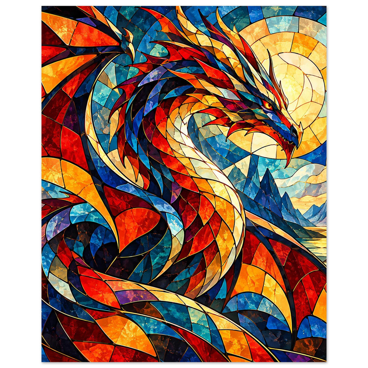 Hochformat-Poster: drache in Glasmalereioptik, buntes Mosaik aus Rot, Blau, Gelb