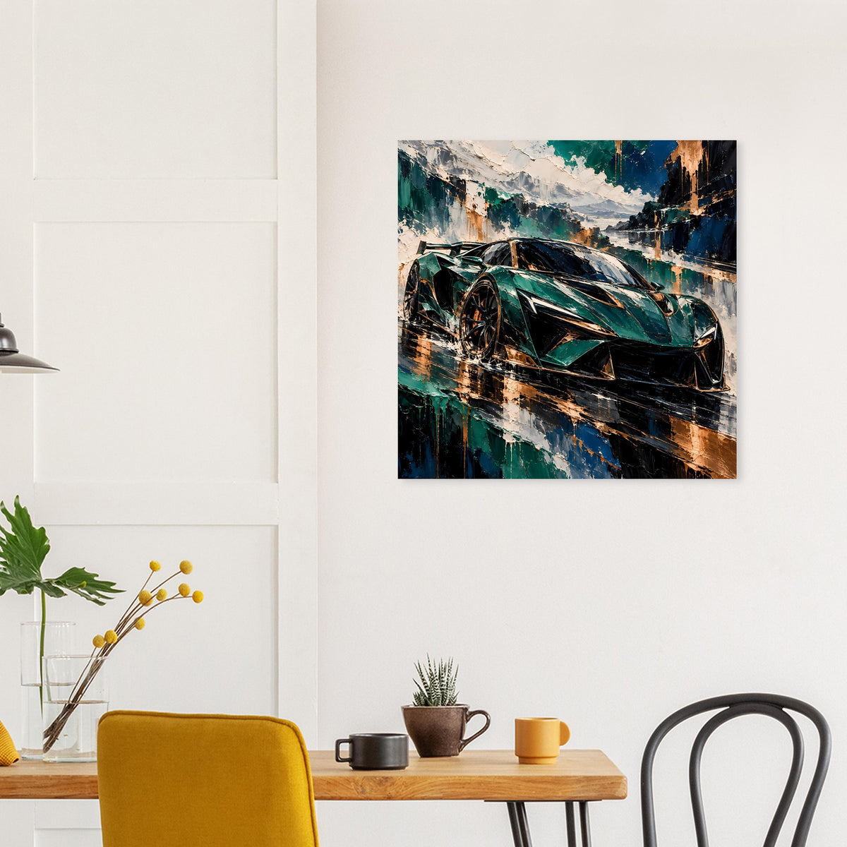Sportwagen-Poster mit futuristischem Rennwagen in Smaragdgrün und Kupfer, kräftige Farbflächen