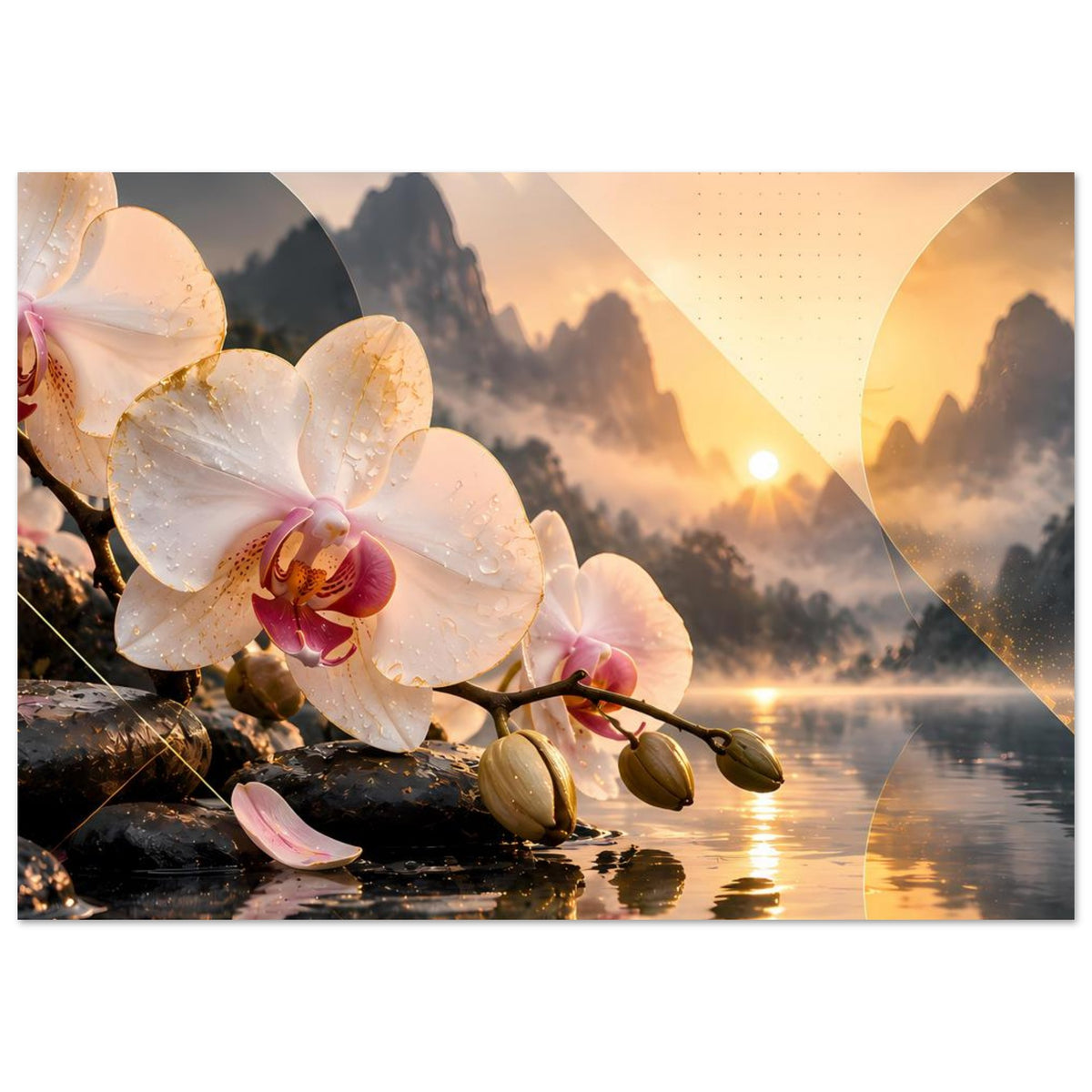 Orchideen-Blumenposter mit weißen Blüten, violettem Zentrum und Sonnenaufgang über Bergkulisse.