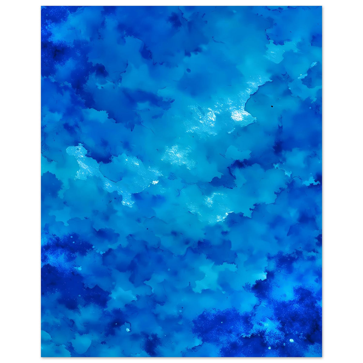 Blaues abstraktes Kunstposter mit Aquarell-Textur und hellem Glanzfleck, vertikal