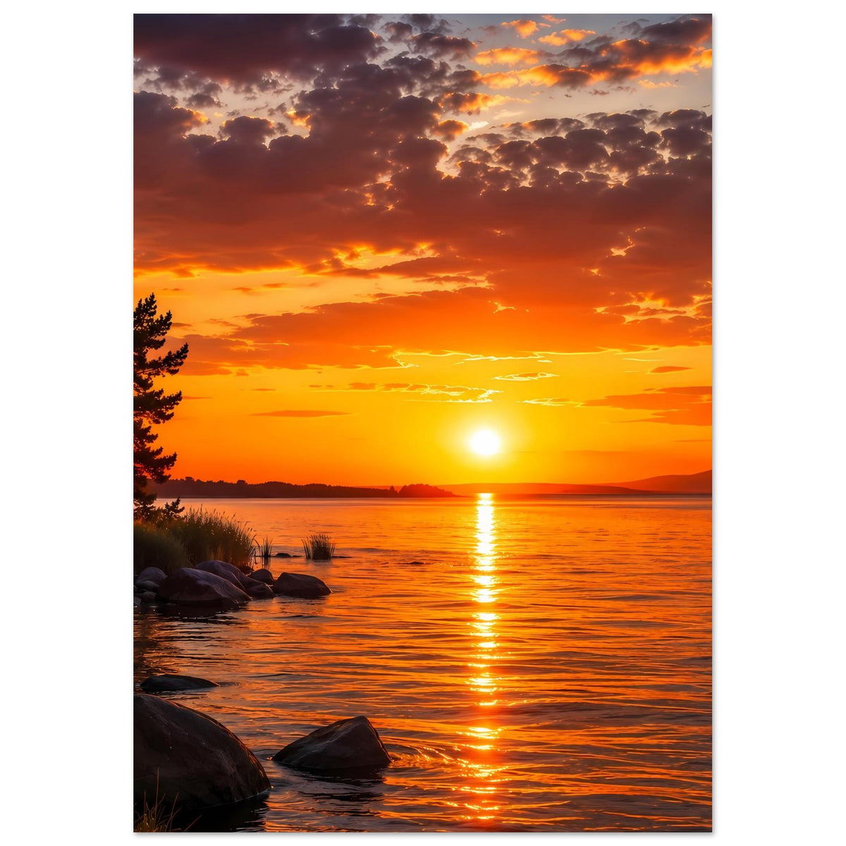 Poster Sonnenuntergang über See mit Sonnenreflex auf dem Wasser, Steinen am linken Ufer