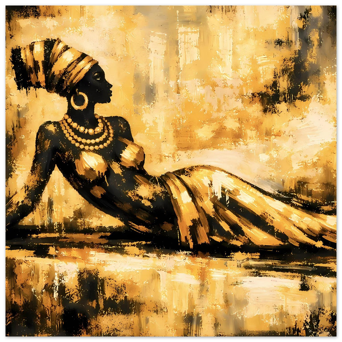 Goldfarbenes Poster mit Porträt einer Frau in Schwarz, Perlenkette und goldenen Gewandfalten
