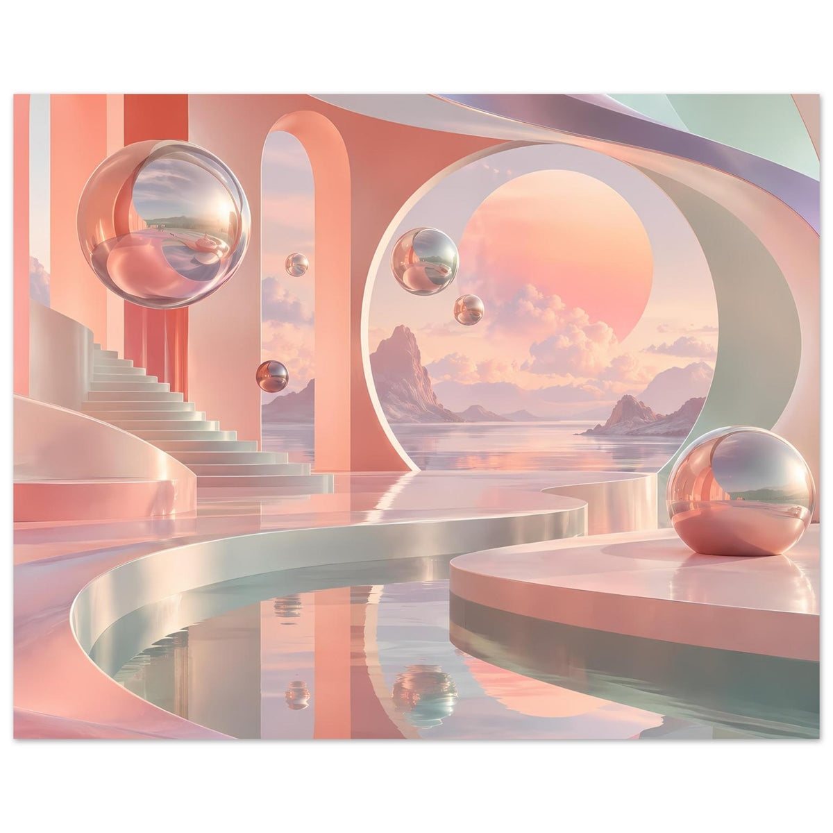 Querformat-Poster: Pastelllandschaft mit Kreisfenster, Podesten und Glaskugeln.