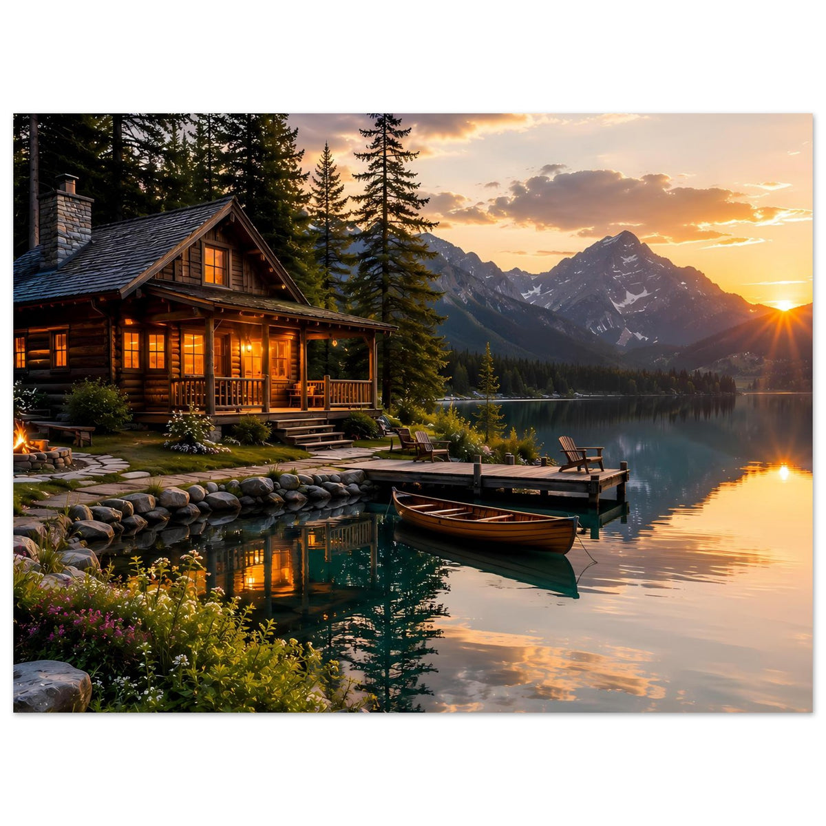 Horizontales Poster mit Seereflexen, Bergkette, Holzhaus am Ufer und Boot am Steg