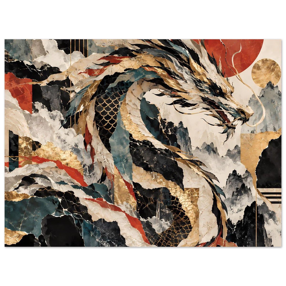 Abstraktes Drachenposter mit goldenen Linien und Schuppenoptik, kontrastreich, horizontal