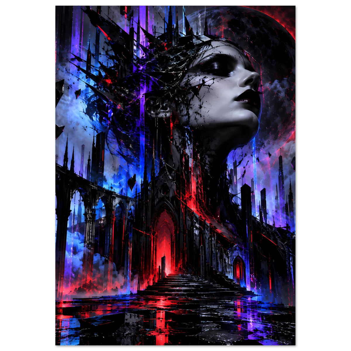 Gothic-Fantasy-Poster mit seitlichem Frauenprofil, dunklen Schatten und Neonfarben im Hintergrund