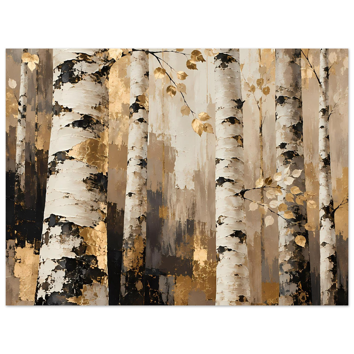 Naturposter mit Birkenstämmen und goldenen Blättern, warmen Erdtönen, querformatig