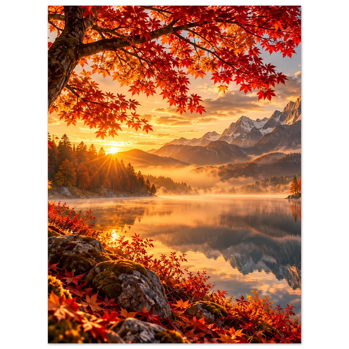 Herbstliches Sonnenaufgangs-Poster mit Landschaftsblick, warmem Sonnenhimmel und Bergsilhouette