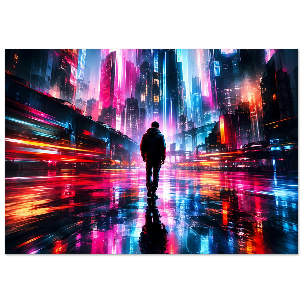 Cyberpunk-Poster Neonstadt: Silhouette im Rücken, farbige Leuchttürme und Spiegelungen