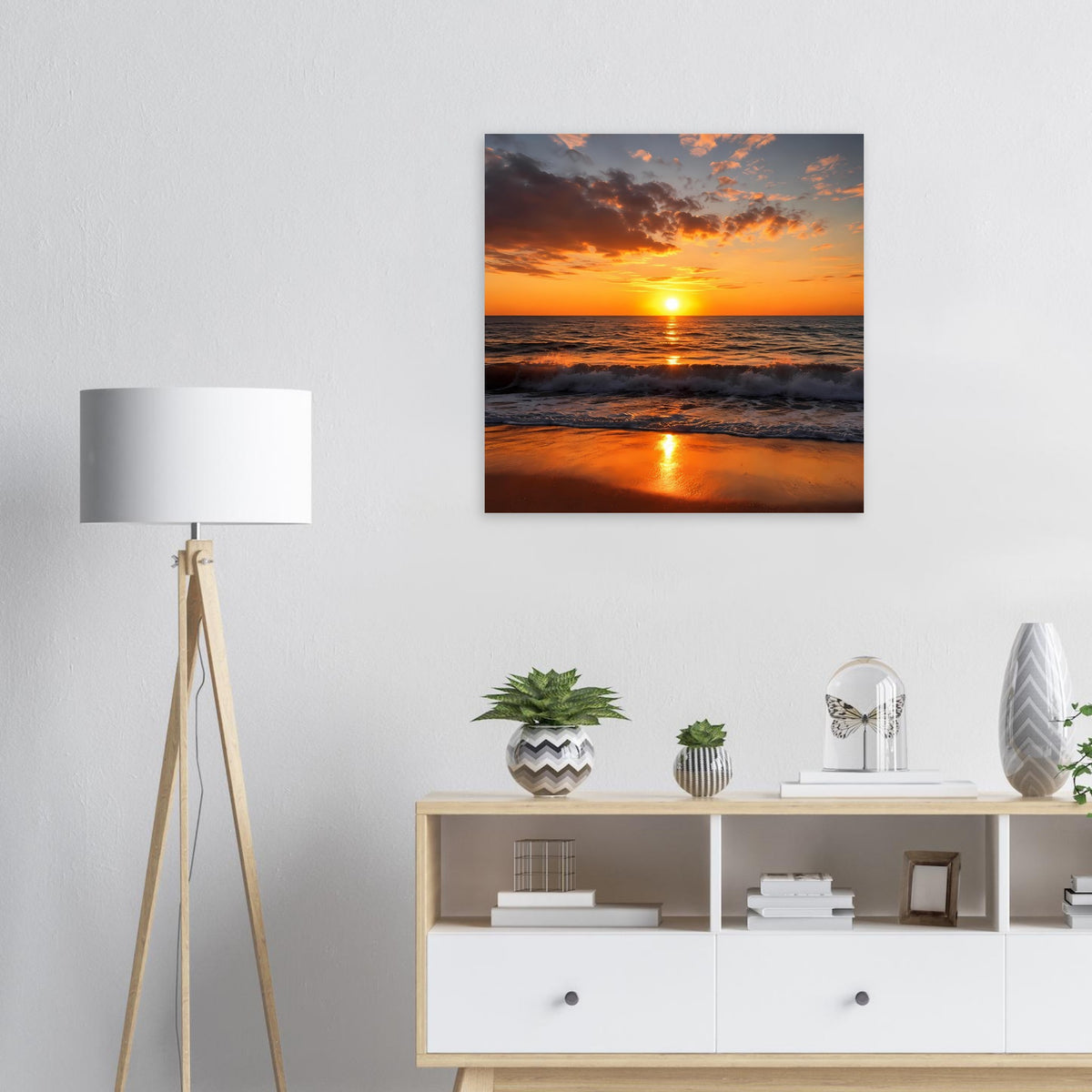 Poster mit Sonnenuntergang am Meer, Sonne über dem Horizont, reflektiert im Wasser