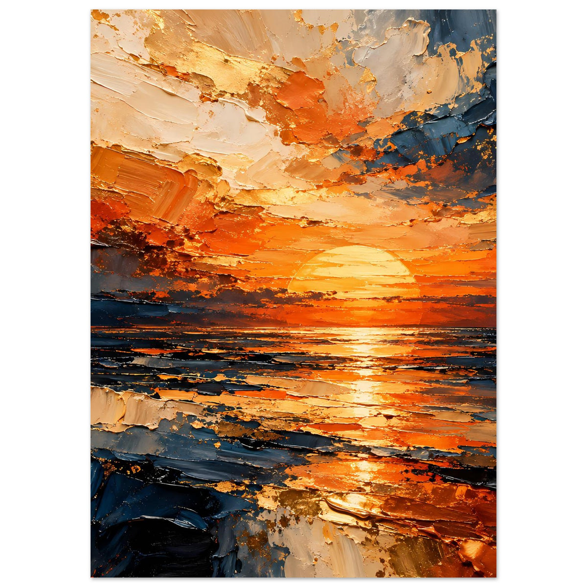 Wandposter mit abstrakter Meerszene, orange Sonnenlinie, blau-dunkle Schichten und beige Akzente