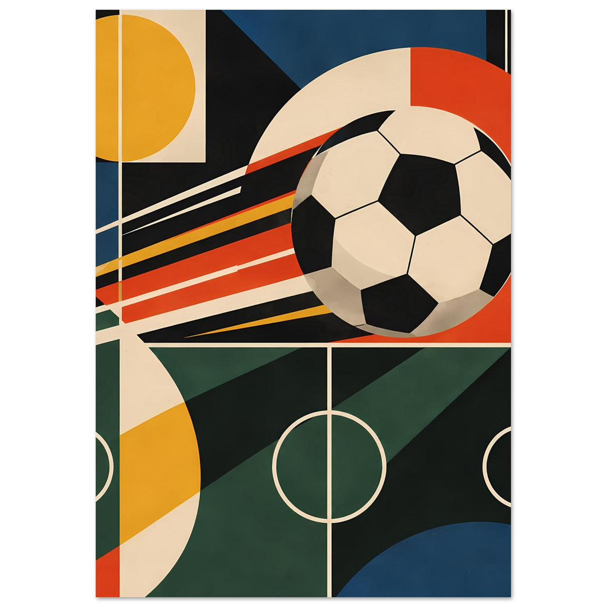 Fußball-Poster mit großem Ball, mehrfarbigen Bahnen und Torlinien-Optik