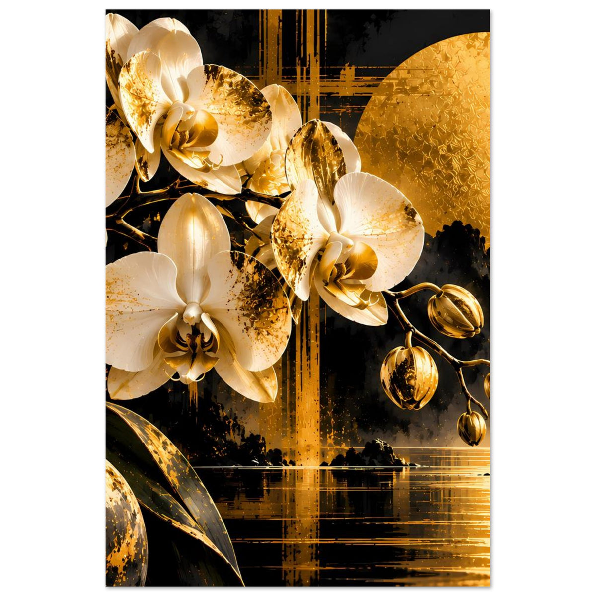 Orchideen-Poster mit weißen Blüten und goldenen Details, rundem Mondmotiv rechts