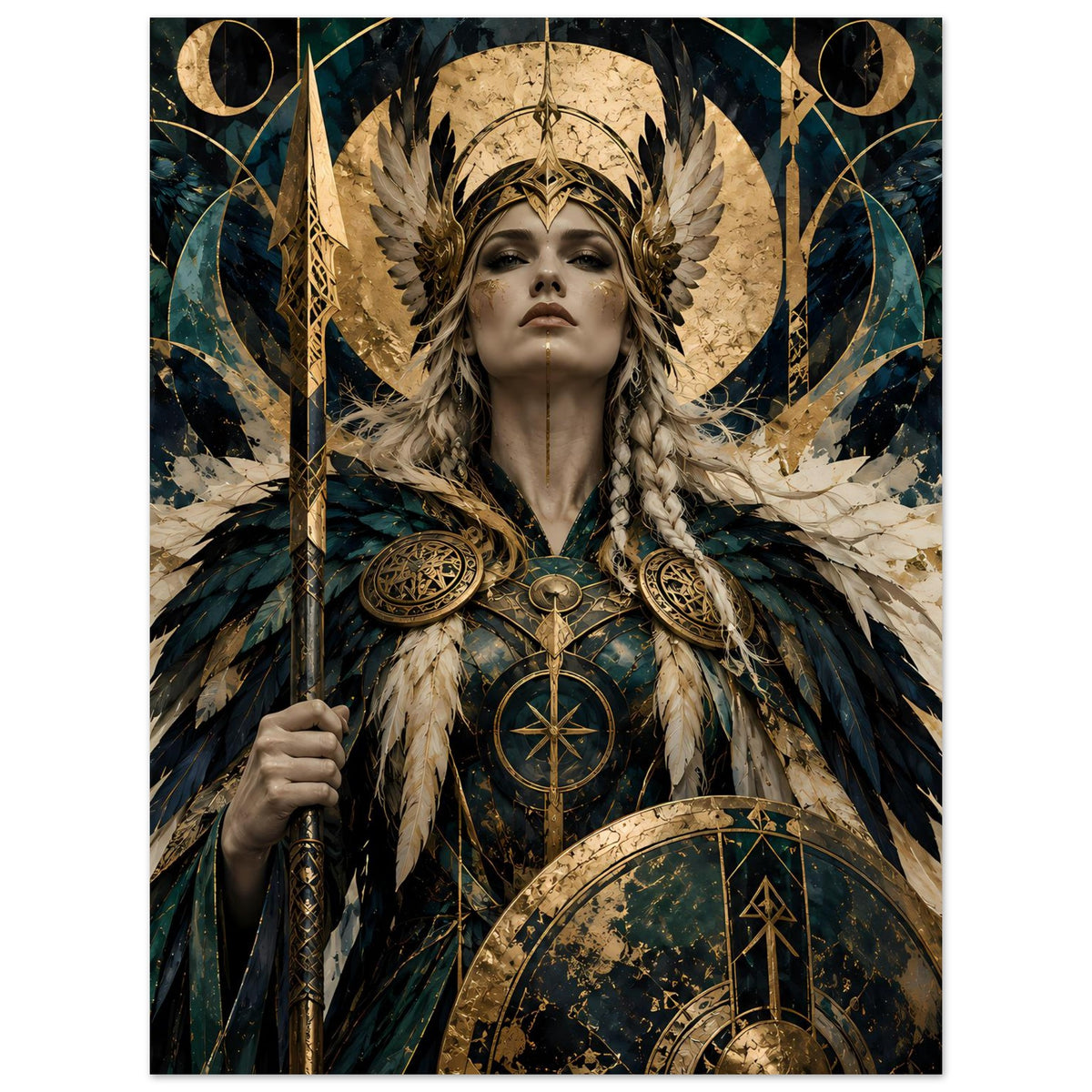 Wikinger-Poster mit Frau in Kriegerkleidung, Amulett am Brustschild und Rundschild in Gold