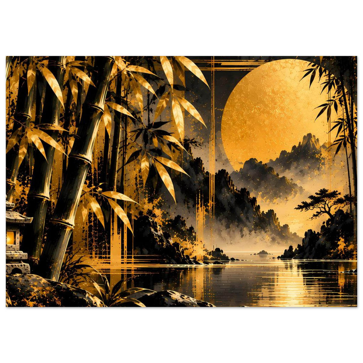Wandposter mit goldenen Bambusblättern links, Mondhimmel und spiegelndem Wasser im Landschaftsmotiv