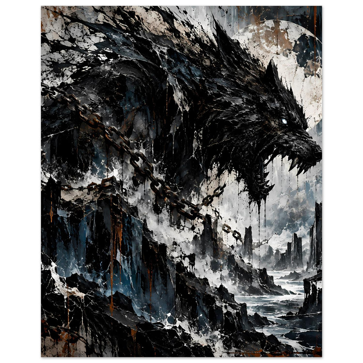 Poster im Hochformat: dunkler Wolf, Mond, Kettenkette und verwischte Skyline