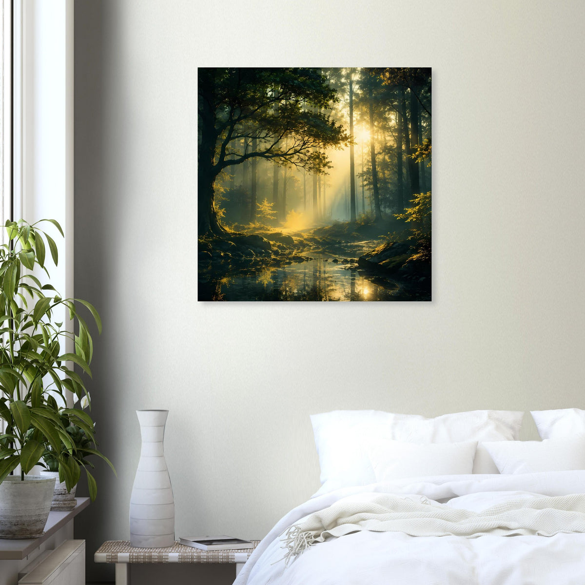 Wandposter mit Waldlandschaft: goldene Sonnenstrahlen, dunstiger Morgen, Pfad und Bachlauf.